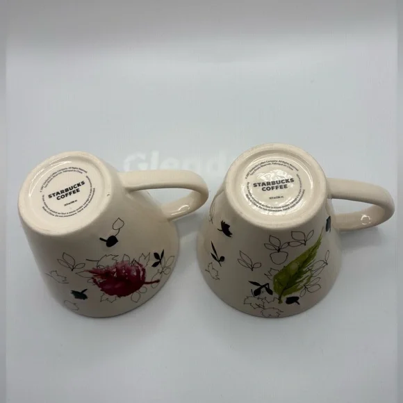 Two Starbucks 2007 Ceramic Falling Leaves Mugs Red and Green 8 oz - Picture 8 of 15